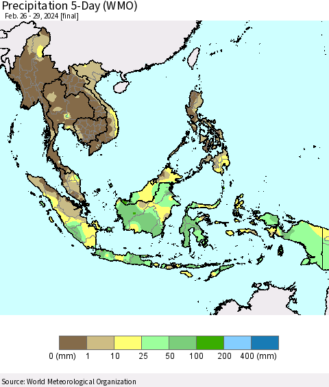 South East Asia Precipitation 5-Day (WMO) Thematic Map For 2/26/2024 - 2/29/2024