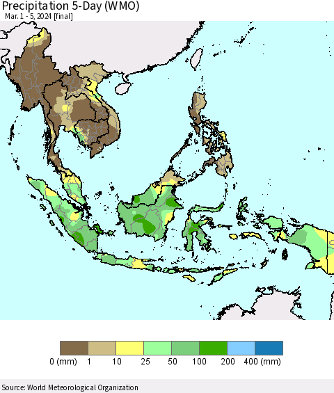 South East Asia Precipitation 5-Day (WMO) Thematic Map For 3/1/2024 - 3/5/2024