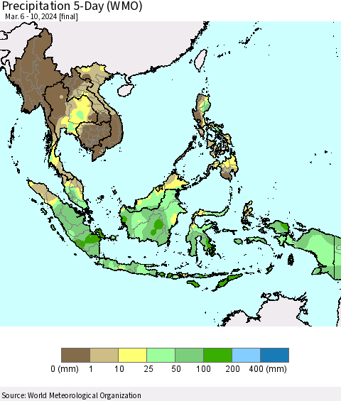 South East Asia Precipitation 5-Day (WMO) Thematic Map For 3/6/2024 - 3/10/2024