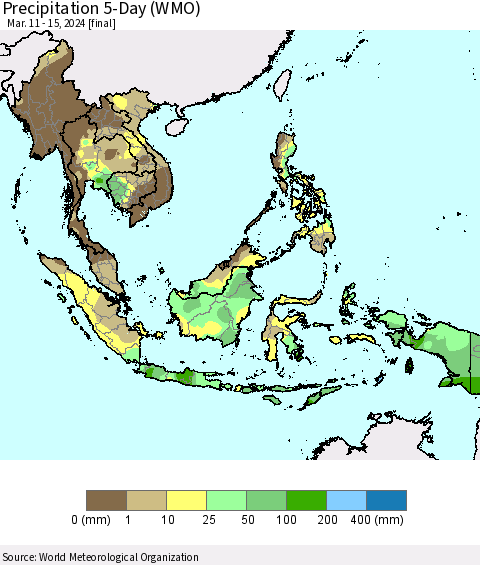 South East Asia Precipitation 5-Day (WMO) Thematic Map For 3/11/2024 - 3/15/2024