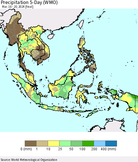South East Asia Precipitation 5-Day (WMO) Thematic Map For 3/16/2024 - 3/20/2024