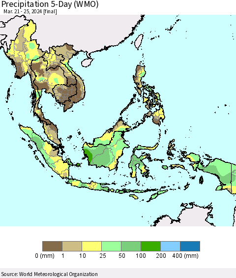 South East Asia Precipitation 5-Day (WMO) Thematic Map For 3/21/2024 - 3/25/2024