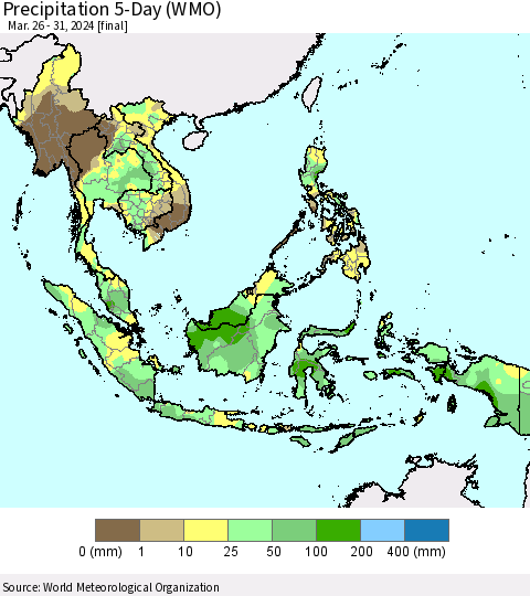 South East Asia Precipitation 5-Day (WMO) Thematic Map For 3/26/2024 - 3/31/2024
