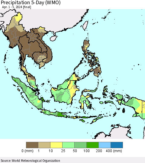 South East Asia Precipitation 5-Day (WMO) Thematic Map For 4/1/2024 - 4/5/2024