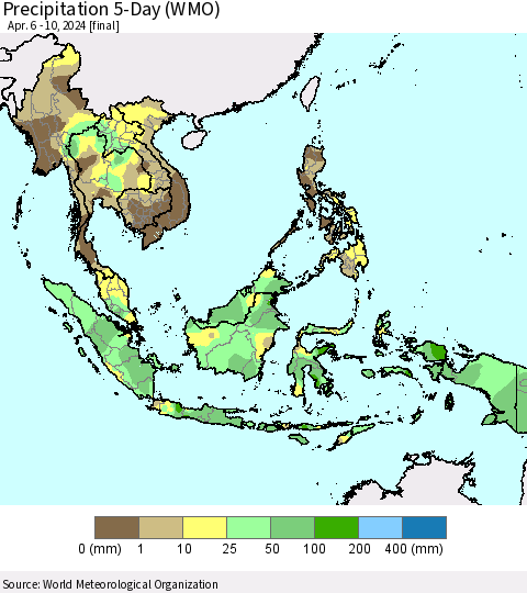South East Asia Precipitation 5-Day (WMO) Thematic Map For 4/6/2024 - 4/10/2024