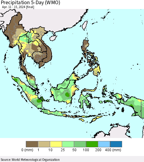 South East Asia Precipitation 5-Day (WMO) Thematic Map For 4/11/2024 - 4/15/2024