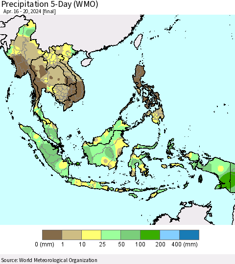 South East Asia Precipitation 5-Day (WMO) Thematic Map For 4/16/2024 - 4/20/2024