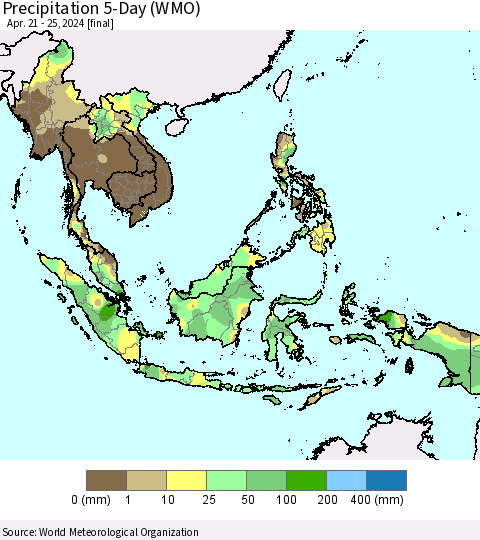 South East Asia Precipitation 5-Day (WMO) Thematic Map For 4/21/2024 - 4/25/2024