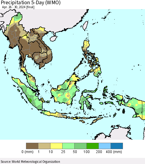 South East Asia Precipitation 5-Day (WMO) Thematic Map For 4/26/2024 - 4/30/2024