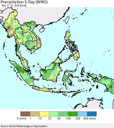 South East Asia Precipitation 5-Day (WMO) Thematic Map For 5/6/2024 - 5/10/2024