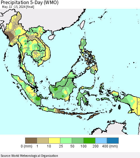 South East Asia Precipitation 5-Day (WMO) Thematic Map For 5/11/2024 - 5/15/2024