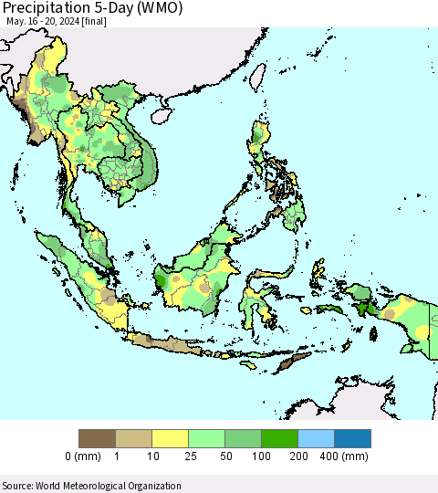 South East Asia Precipitation 5-Day (WMO) Thematic Map For 5/16/2024 - 5/20/2024