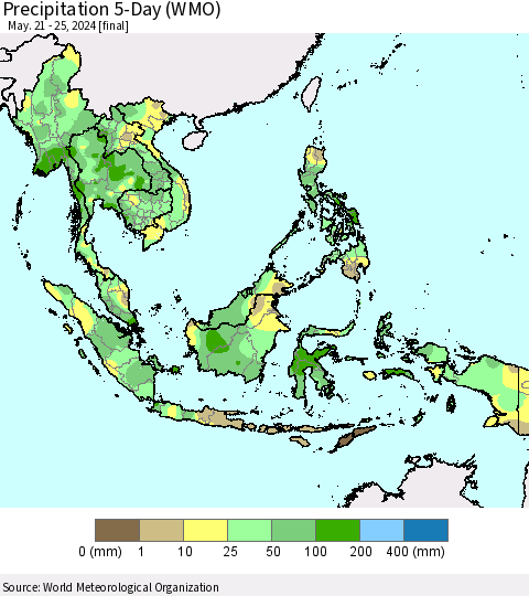 South East Asia Precipitation 5-Day (WMO) Thematic Map For 5/21/2024 - 5/25/2024