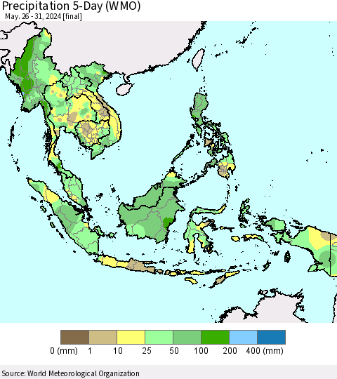 South East Asia Precipitation 5-Day (WMO) Thematic Map For 5/26/2024 - 5/31/2024