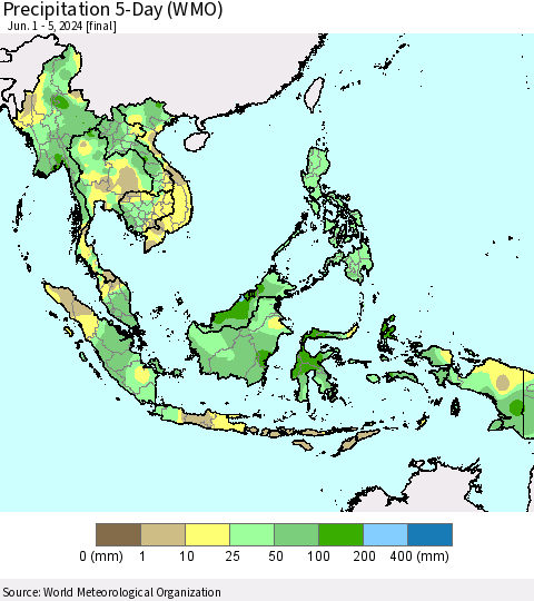 South East Asia Precipitation 5-Day (WMO) Thematic Map For 6/1/2024 - 6/5/2024