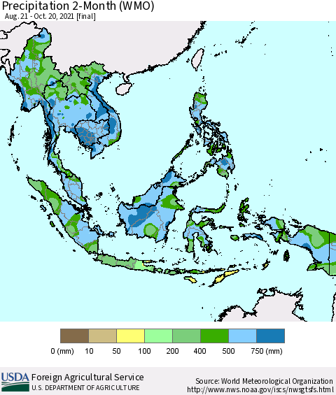 South East Asia Precipitation 2-Month (WMO) Thematic Map For 8/21/2021 - 10/20/2021