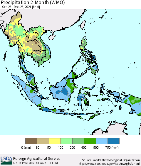South East Asia Precipitation 2-Month (WMO) Thematic Map For 10/26/2021 - 12/25/2021