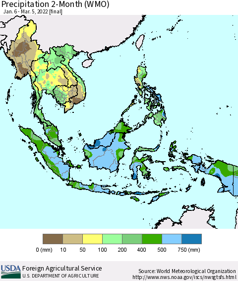South East Asia Precipitation 2-Month (WMO) Thematic Map For 1/6/2022 - 3/5/2022