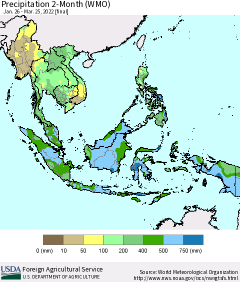 South East Asia Precipitation 2-Month (WMO) Thematic Map For 1/26/2022 - 3/25/2022