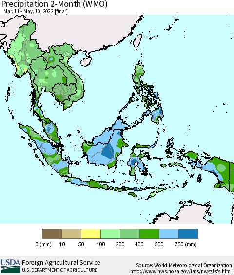South East Asia Precipitation 2-Month (WMO) Thematic Map For 3/11/2022 - 5/10/2022
