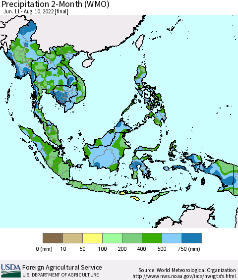 South East Asia Precipitation 2-Month (WMO) Thematic Map For 6/11/2022 - 8/10/2022