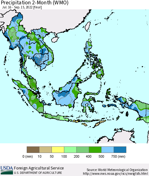 South East Asia Precipitation 2-Month (WMO) Thematic Map For 7/16/2022 - 9/15/2022