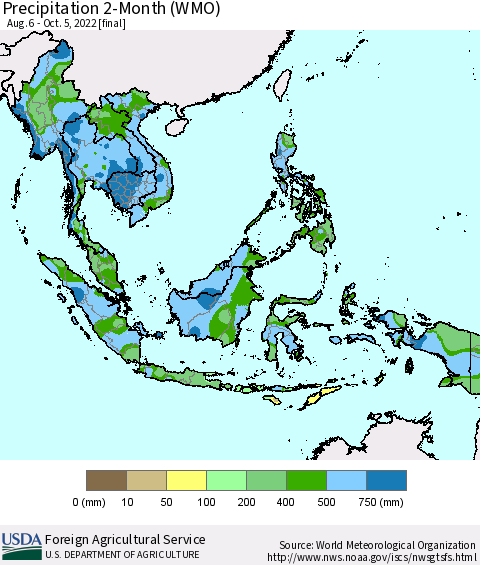 South East Asia Precipitation 2-Month (WMO) Thematic Map For 8/6/2022 - 10/5/2022