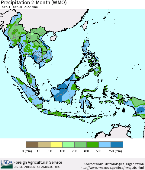 South East Asia Precipitation 2-Month (WMO) Thematic Map For 9/1/2022 - 10/31/2022