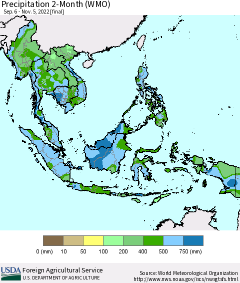 South East Asia Precipitation 2-Month (WMO) Thematic Map For 9/6/2022 - 11/5/2022