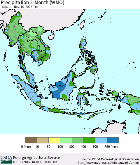 South East Asia Precipitation 2-Month (WMO) Thematic Map For 9/11/2022 - 11/10/2022