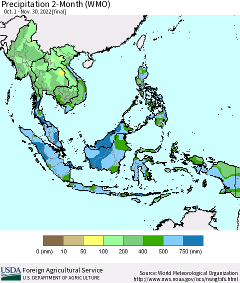 South East Asia Precipitation 2-Month (WMO) Thematic Map For 10/1/2022 - 11/30/2022