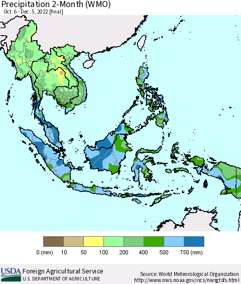 South East Asia Precipitation 2-Month (WMO) Thematic Map For 10/6/2022 - 12/5/2022