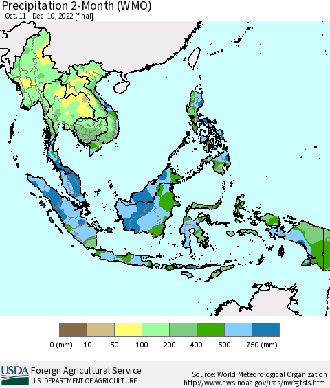 South East Asia Precipitation 2-Month (WMO) Thematic Map For 10/11/2022 - 12/10/2022