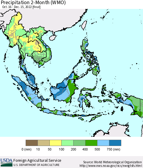 South East Asia Precipitation 2-Month (WMO) Thematic Map For 10/16/2022 - 12/15/2022