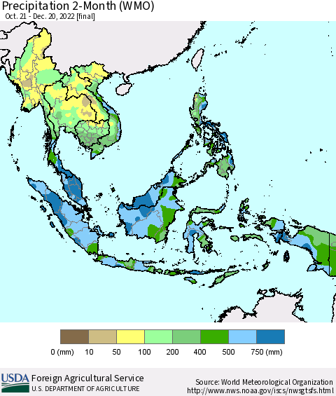 South East Asia Precipitation 2-Month (WMO) Thematic Map For 10/21/2022 - 12/20/2022