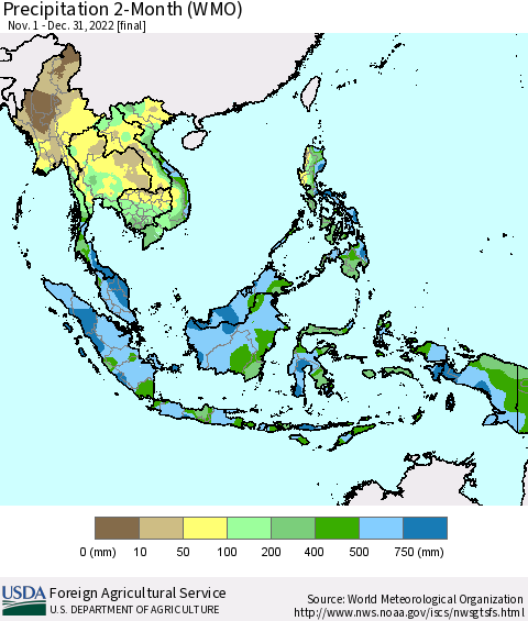South East Asia Precipitation 2-Month (WMO) Thematic Map For 11/1/2022 - 12/31/2022