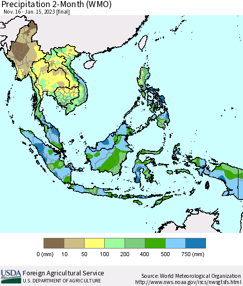 South East Asia Precipitation 2-Month (WMO) Thematic Map For 11/16/2022 - 1/15/2023
