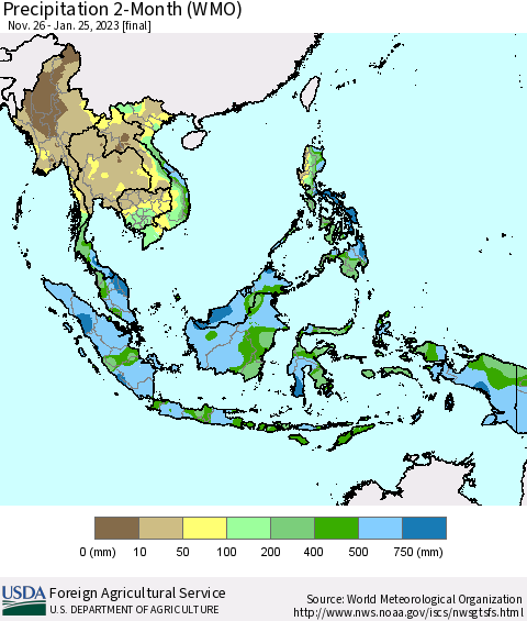 South East Asia Precipitation 2-Month (WMO) Thematic Map For 11/26/2022 - 1/25/2023
