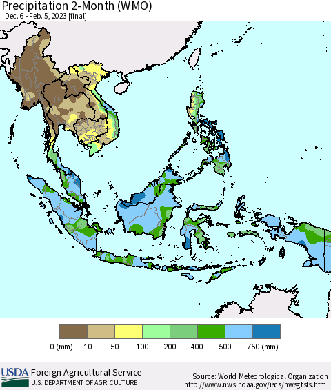 South East Asia Precipitation 2-Month (WMO) Thematic Map For 12/6/2022 - 2/5/2023