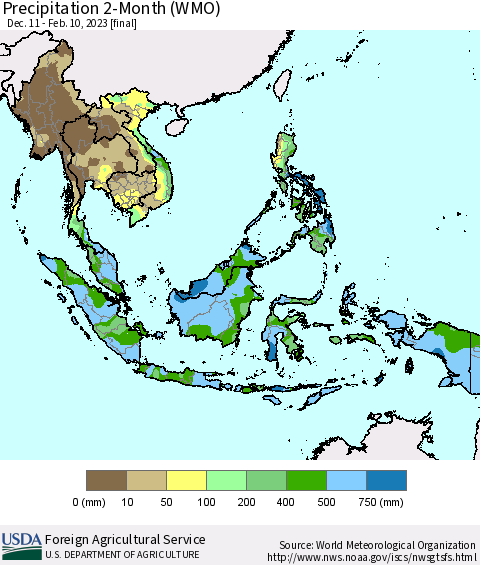 South East Asia Precipitation 2-Month (WMO) Thematic Map For 12/11/2022 - 2/10/2023