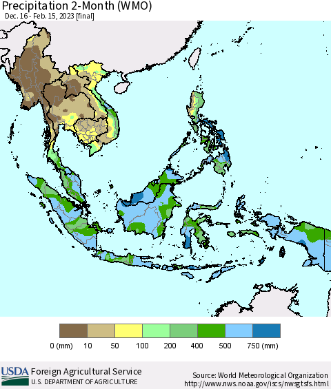 South East Asia Precipitation 2-Month (WMO) Thematic Map For 12/16/2022 - 2/15/2023