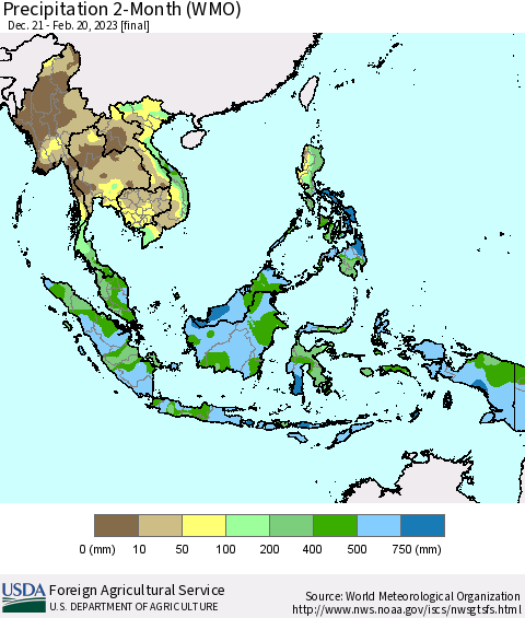 South East Asia Precipitation 2-Month (WMO) Thematic Map For 12/21/2022 - 2/20/2023
