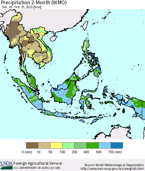 South East Asia Precipitation 2-Month (WMO) Thematic Map For 12/26/2022 - 2/25/2023