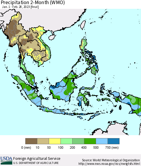 South East Asia Precipitation 2-Month (WMO) Thematic Map For 1/1/2023 - 2/28/2023