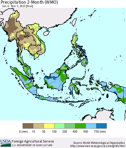South East Asia Precipitation 2-Month (WMO) Thematic Map For 1/6/2023 - 3/5/2023