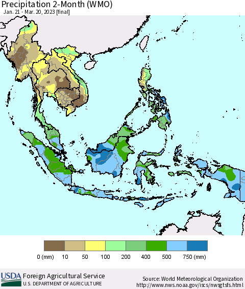 South East Asia Precipitation 2-Month (WMO) Thematic Map For 1/21/2023 - 3/20/2023
