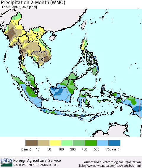 South East Asia Precipitation 2-Month (WMO) Thematic Map For 2/6/2023 - 4/5/2023