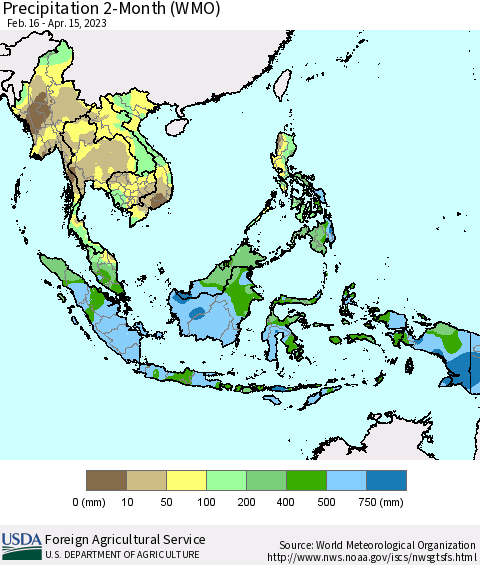 South East Asia Precipitation 2-Month (WMO) Thematic Map For 2/16/2023 - 4/15/2023