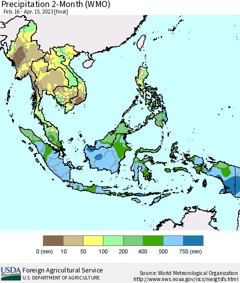 South East Asia Precipitation 2-Month (WMO) Thematic Map For 2/16/2023 - 4/15/2023