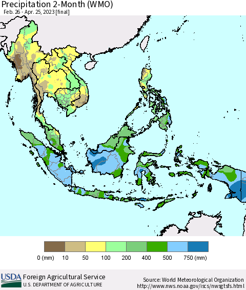 South East Asia Precipitation 2-Month (WMO) Thematic Map For 2/26/2023 - 4/25/2023
